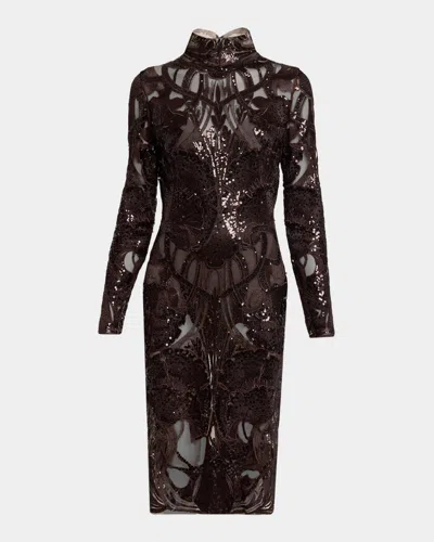 Elie Saab Sequined Lace Mock-neck Long-sleeve Dress In Brown