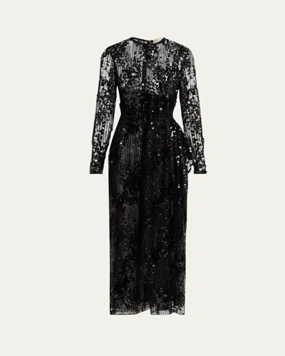 Elie Saab Sequined Long-sleeve Midi Dress In Black