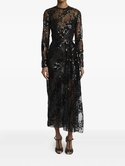Elie Saab Sequined Long-sleeve Midi Dress In Black