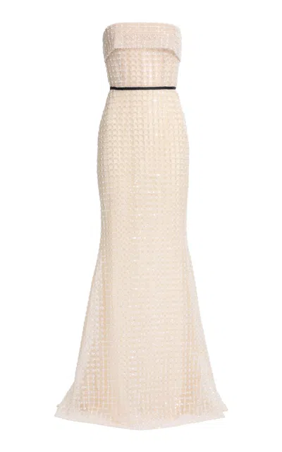 Elie Saab Sequined Mesh Long Dress In Neutral