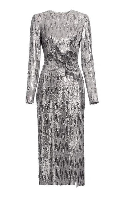 Elie Saab Sequined Midi Dress In Silver