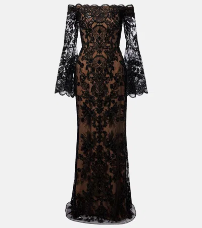 Elie Saab Sequined Off-shoulder Lace Gown In Black