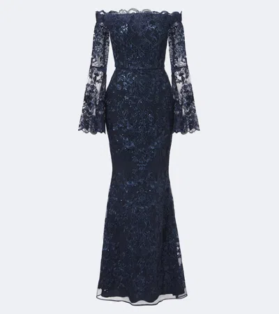 Elie Saab Sequined Off-shoulder Lace Bustier Gown In Blue