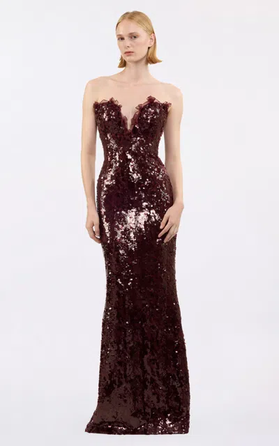 Elie Saab Sequined Off-the-shoulder Gown In Burgundy