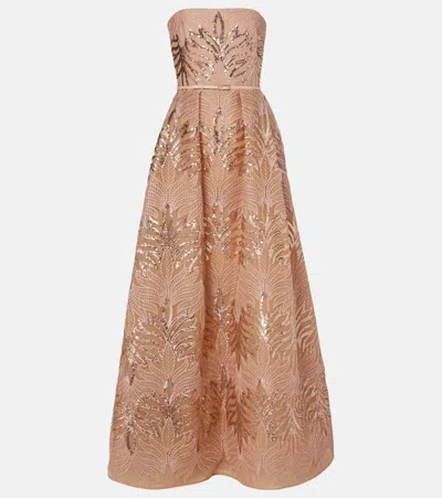 Elie Saab Sequined Strapless Gown In Sand