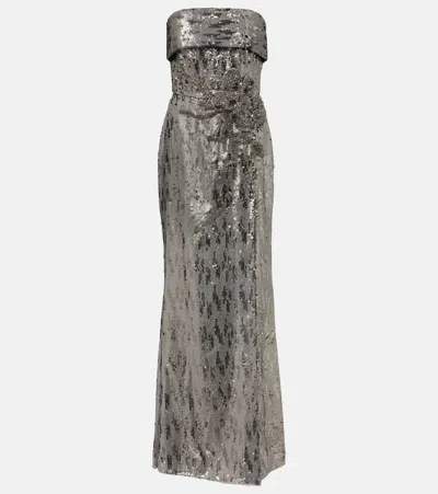 Elie Saab Sequined Strapless Gown In Silver