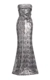 Elie Saab Sequined Strapless Maxi Dress In Silver