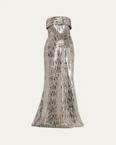 Elie Saab Sequined Strapless Trumpet Gown In Silver