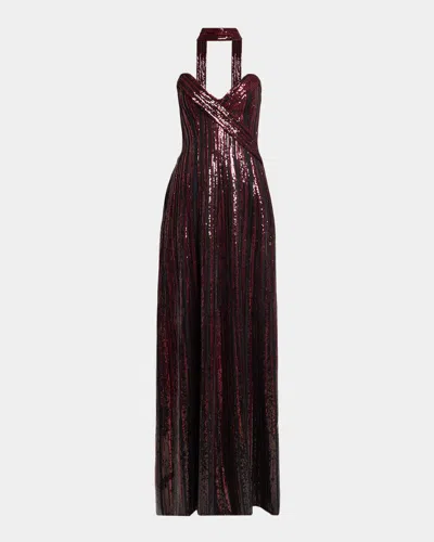 Elie Saab Sequined Sweetheart Strapless Scarf Gown In Burgundy