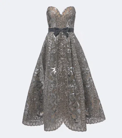 Elie Saab Sequined Tulle Bustier Dress In Silver