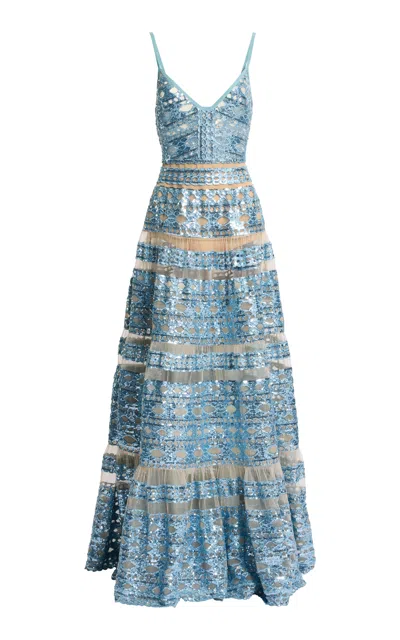 Elie Saab Sequined Tulle Maxi Dress In Cerulean Blue