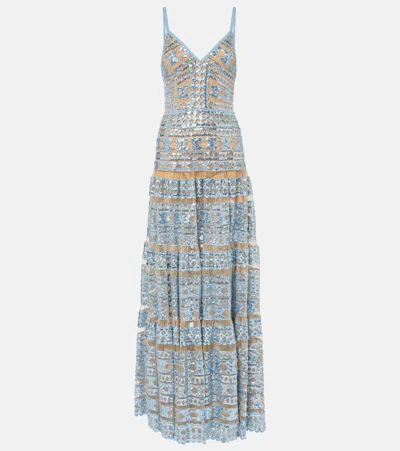 Elie Saab Sequined Tulle-trimmed Gown In Blau