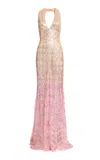 Elie Saab Sequined V-neck Tulle Maxi Dress In Pink