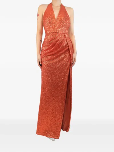 Pre-owned Elie Saab Sequin-embellished Halterneck Maxi Dress In Orange
