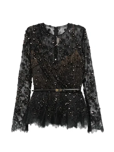 Elie Saab Sequin-embellished Lace Peplum Top In Black