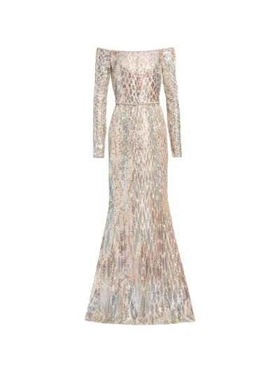 Elie Saab Sequin-embellished Off-shoulder Maxi Dress In Neutral