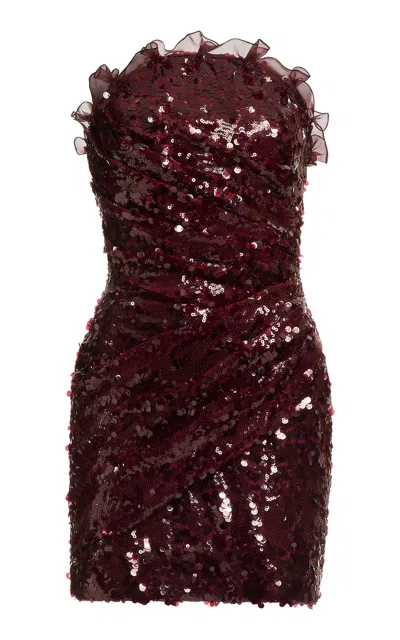 Elie Saab Sequin-embellished Strapless Mini Dress In Burgundy