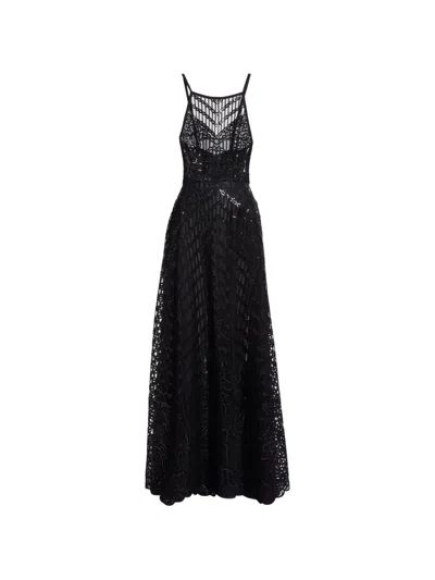 Elie Saab Sequin-embroidered Lace-overlay Maxi Dress In Black