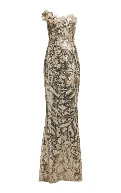 Elie Saab Sequin-embroidered Strapless Maxi Dress In Gold
