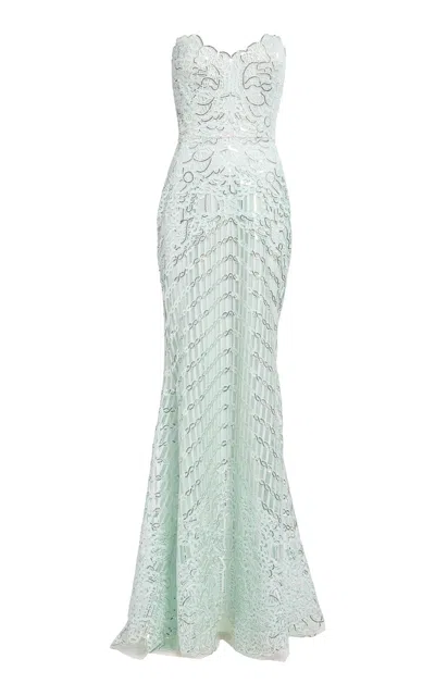 Elie Saab Sequins Embroidered Long Dress In Blue