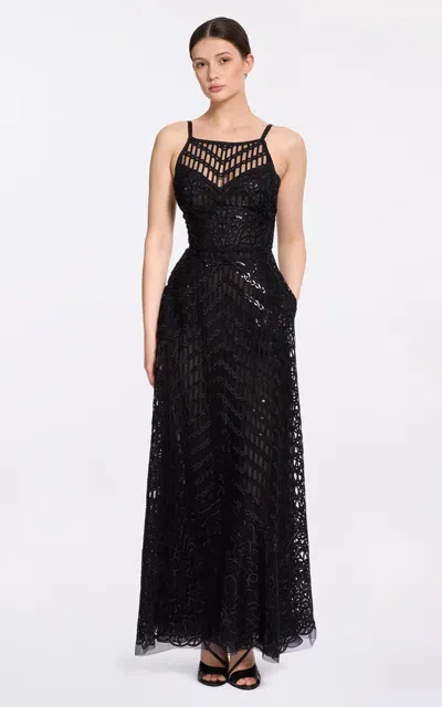 Elie Saab Sequins Embroidered Midi Dress In Black
