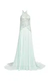 Elie Saab Sequins Embroidered Tulle And Silk Long Dress In Blue