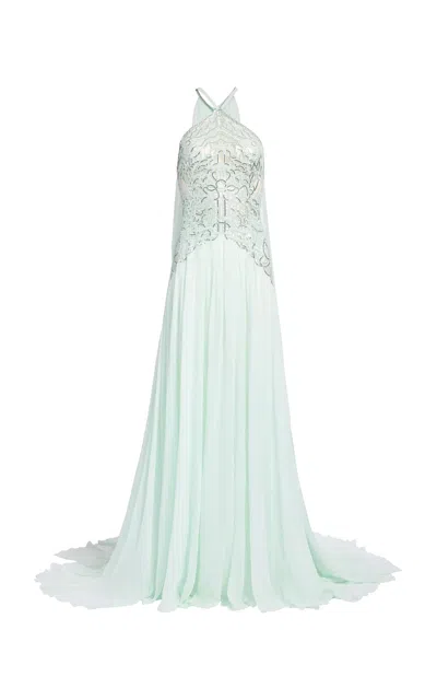 Elie Saab Sequins Embroidered Tulle And Silk Long Dress In Blue