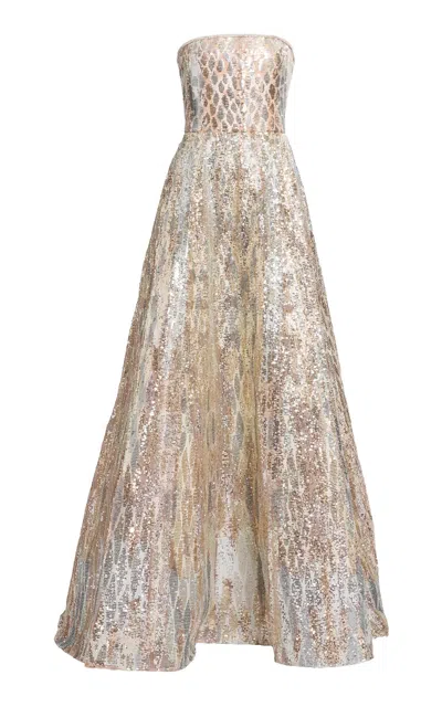 Elie Saab Sequins Embroidered Tulle Long Dress In Multi