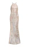 Elie Saab Sequins Embroidered Tulle Long Dress In Neutral