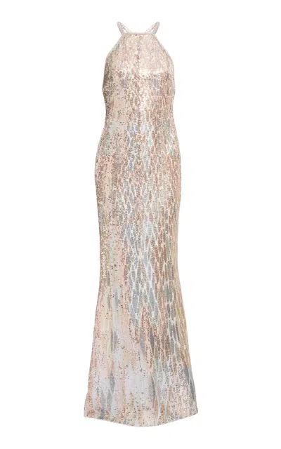 Elie Saab Sequins Embroidered Tulle Long Dress In Neutral