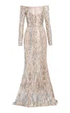 Elie Saab Sequins Embroidered Tulle Long Dress In Neutral