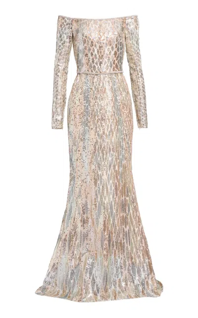 Elie Saab Sequins Embroidered Tulle Long Dress In Neutral