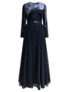 Elie Saab Velvet Pleated Maxi Dress With Belted Waist