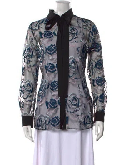 Pre-owned Elie Saab Silk Floral Print Blouse In Black
