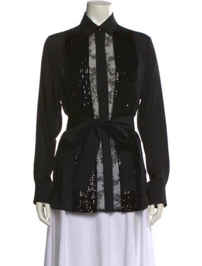 Pre-owned Elie Saab Silk Long Sleeve Button-up Top In Black