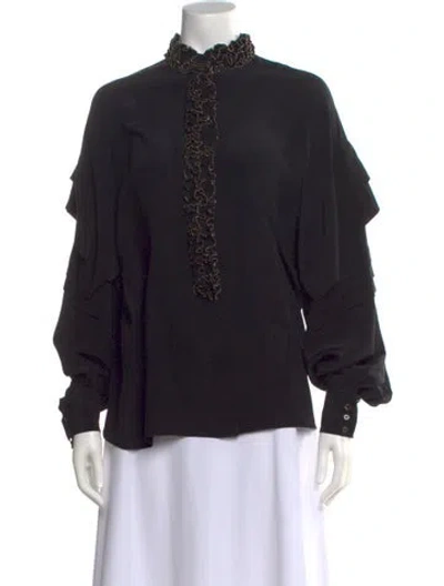 Pre-owned Elie Saab Silk Mock Neck Blouse In Black