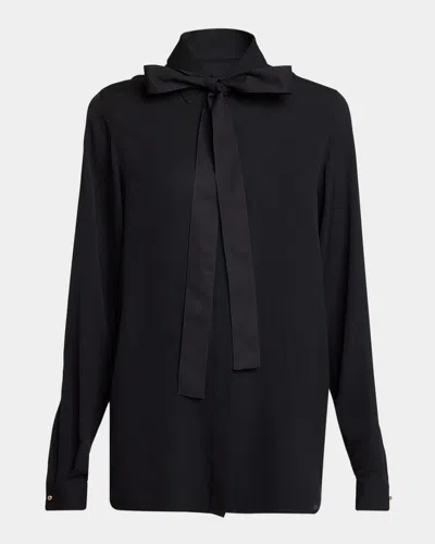 Elie Saab Silk Neck-bow Button-down Shirt In Blue