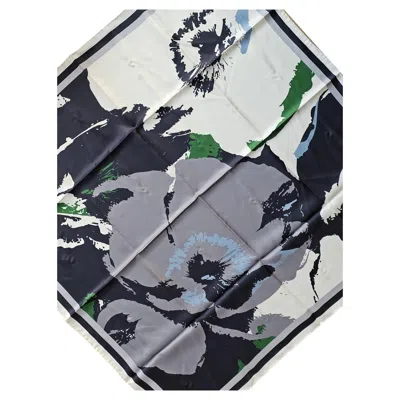 Pre-owned Elie Saab Silk Scarf Gray Green Floral Abstract - Square Twill Silk Foulard Sale