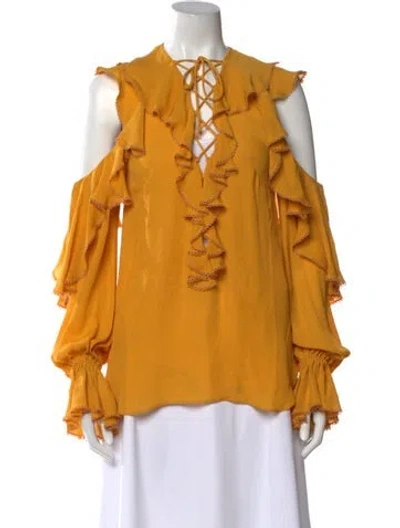 Pre-owned Elie Saab Silk V-neck Blouse In Yellow