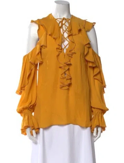 Pre-owned Elie Saab Silk V-neck Blouse In Yellow