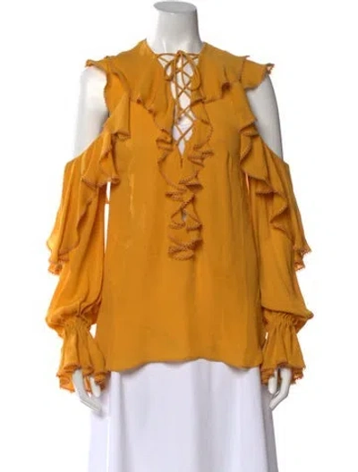Pre-owned Elie Saab Silk V-neck Blouse In Yellow