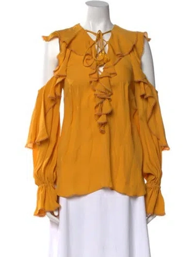 Pre-owned Elie Saab Silk V-neck Blouse In Yellow