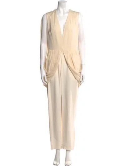 Pre-owned Elie Saab Silk V-neck Jumpsuit In Neutral