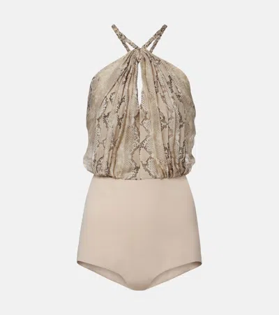 Elie Saab Snake-print Silk Chiffon Halterneck Maxi Dress In Neutral