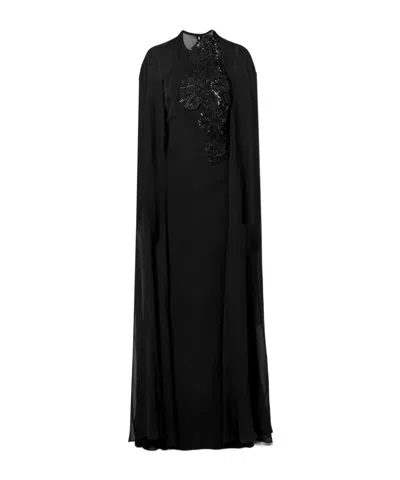 Elie Saab Cape-effect Embellished Silk-crepe And Silk-chiffon Gown In Black