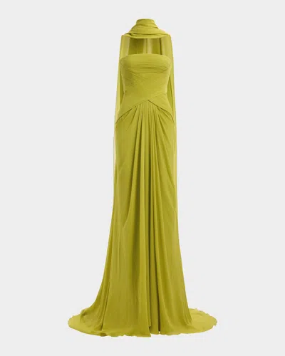 Elie Saab Strapless Crisscross Draped Silk Chiffon Gown With Neck Scarf In Green