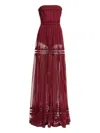 Elie Saab Strapless Embroidered Maxi Dress In Burgundy