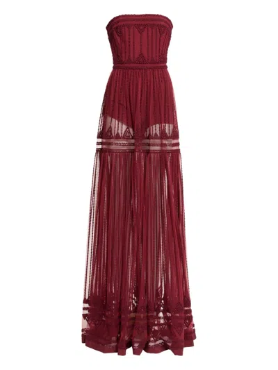 Elie Saab Strapless Embroidered Maxi Dress In Burgundy