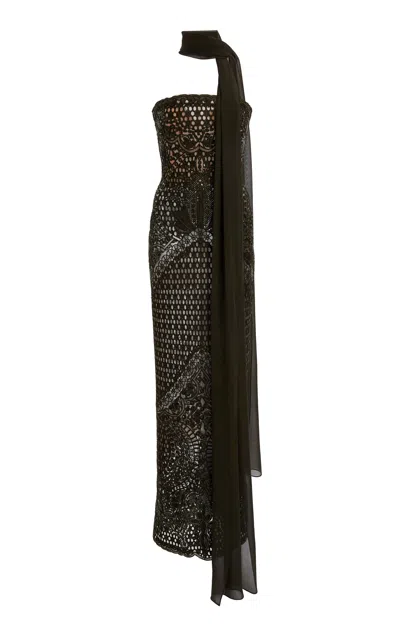 Elie Saab Strapless Embroidered Maxi Dress In Dark Green