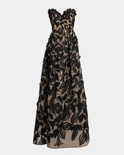 Elie Saab Strapless Embroidered Tulle A-line Gown In Multi